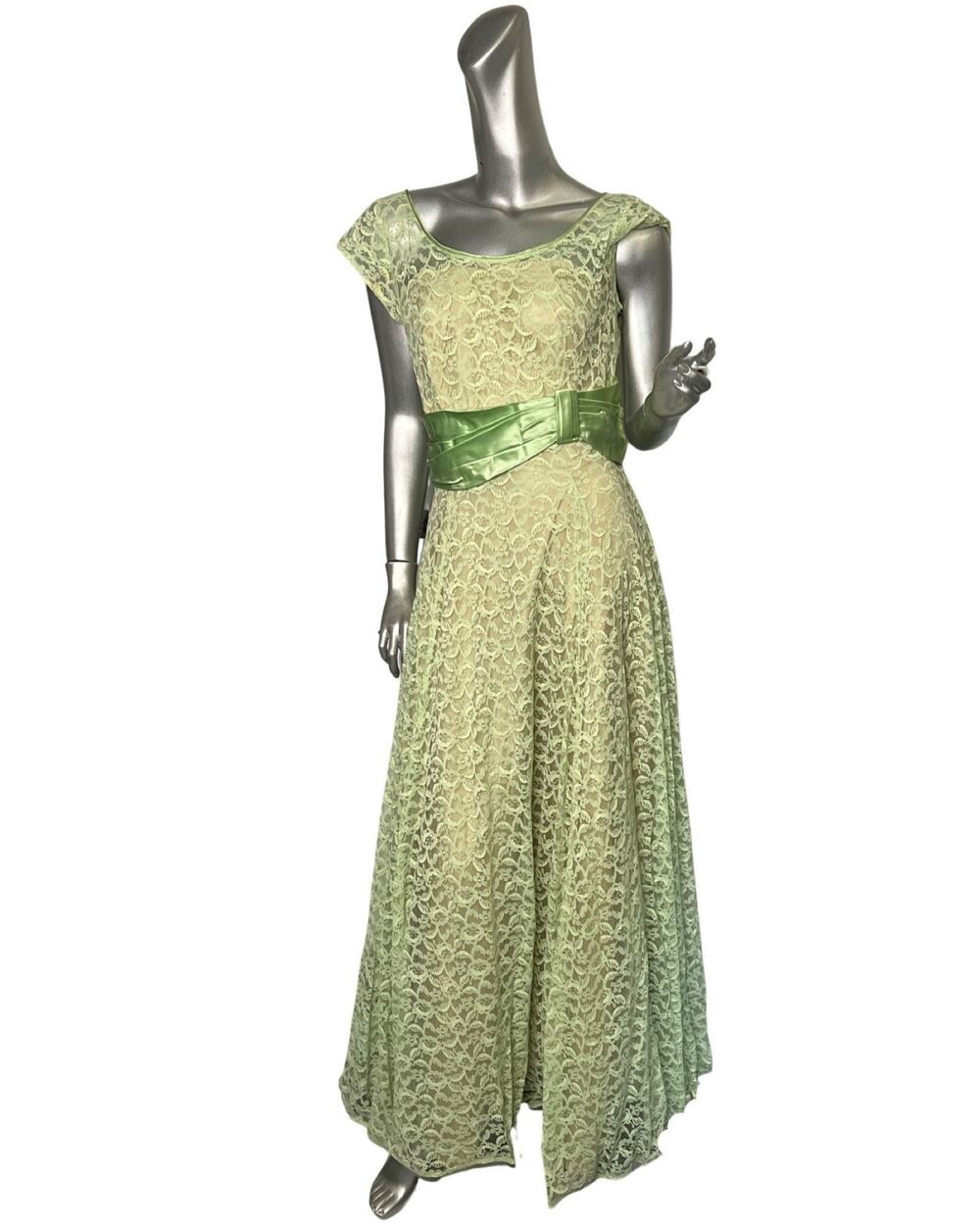 Vintage 1960s Emma Domb Green Lace Evening Gown Medium